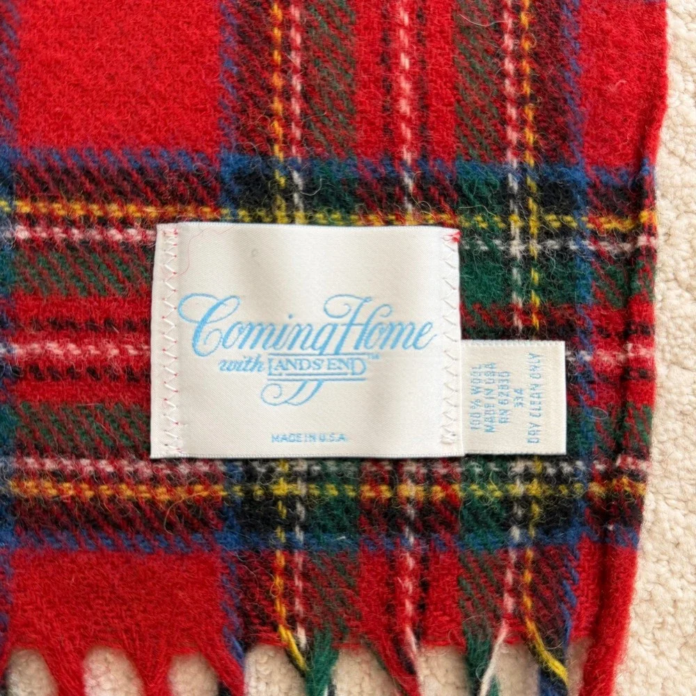 Lands End Coming Home Red Plaid Wool Throw Blanket Fringe USA Made 64X50